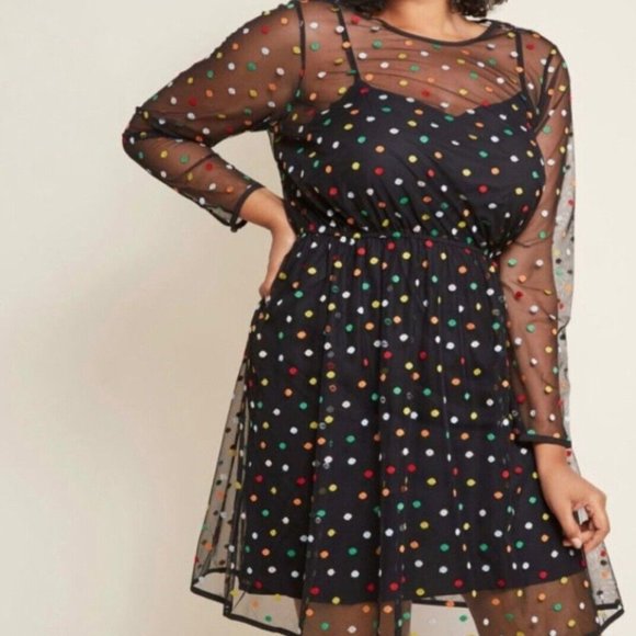 Modcloth Womens L Dazzle Do‎ It Colorful Dot Black Sheer L/S Fit Flare Dress - Picture 1 of 12